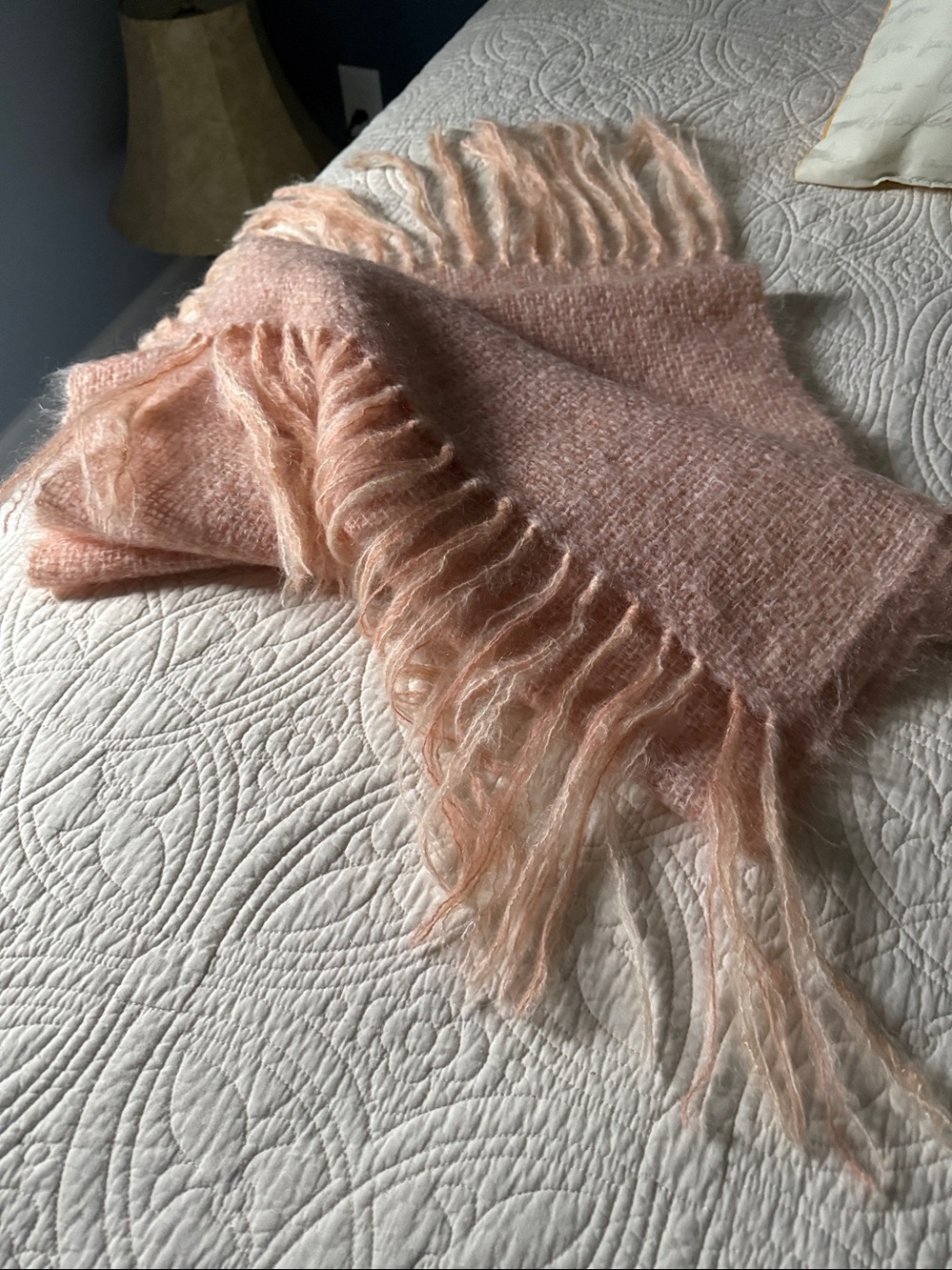 Soft Blush Wool Pink Fuzzy Fringe Scarf